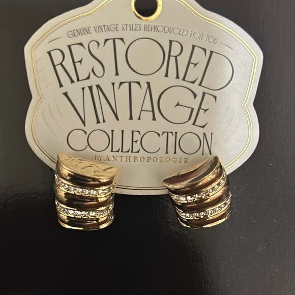 Anthropologie Restored Vintage Crystal Encrusted Curved Earrings 14K Gold Plate - Picture 3 of 8